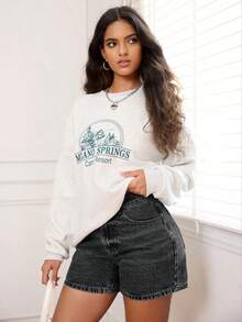 SHEIN PETITE 女款休閒街頭風百搭牛仔短褲，附口袋，深色水洗，適合城市度假與日常穿著，夏季款 - 深灰色 - 查看 5