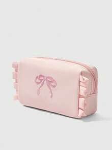 ROMWE Kawaii Cute Pink Embroidered Bow Makeup Bag, Lace-Trimmed Mini Storage Bag - Light powder 1 - View 3