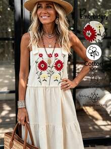 LanaWest Women's Western Casual 100% Cotton Adjustable Suspender Detailed Bohemian Style Embroidered Dress - Apricot - View 1