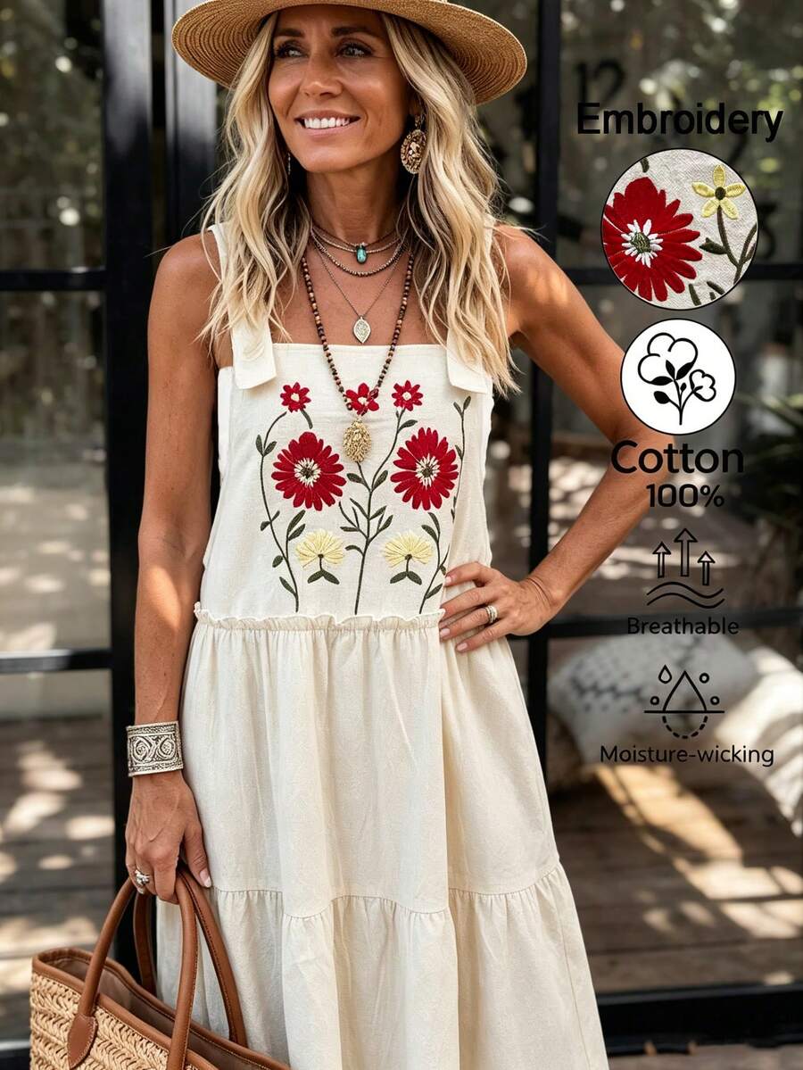 LanaWest Women's Western Casual 100% Cotton Adjustable Suspender Detailed Bohemian Style Embroidered Dress - Apricot - View 1