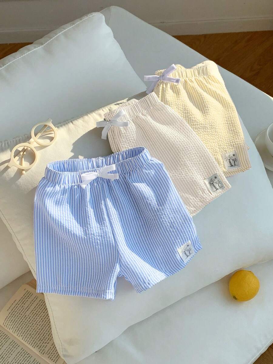 SHEIN 男女嬰童通用 3件/組可愛泡紋條紋泳褲泳衣套裝,適合海灘度假、游泳與日常穿著 - 彩色 - 查看 1