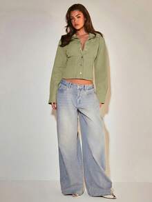COSMINA Denim 女款素色單排扣休閒百搭日常牛仔上衣 - 卡其色 - 查看 3