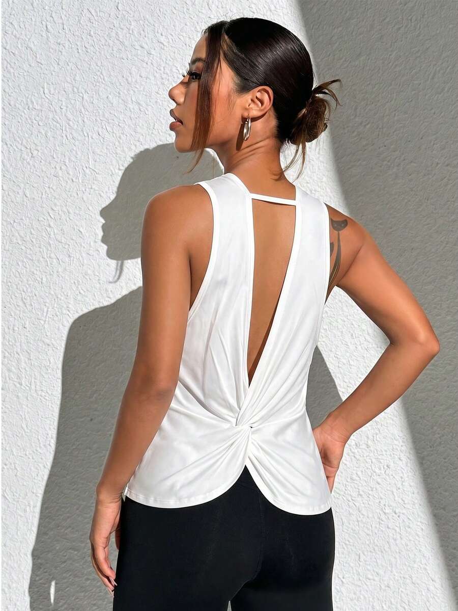 SHEIN Sports 女款夏季休閒素色扭結運動背心上衣 - 白色 - 查看 1