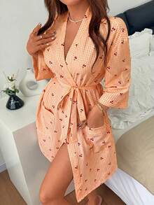 Napfluff Women's Casual Cherry Plaid Print Open Front Robe - Orange - View 3