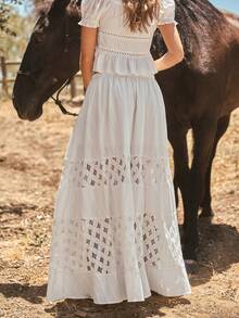 WESTFADE Drawstring Waist Tiered Ruffle Embroidered 100% Cotton & Crochet Lace A Line Skirt, Country Style For Women, Fall, Autumn, Casual, Back To School - White - View 2