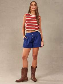 WESTFADE Button Front A Line Flared Twill Shorts, Country Style For Women, Summer Outfit, Beach, 4th Of July - Navy Blue - View 3