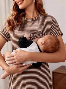 SHEIN 孕妇夏季休闲条纹哺乳连衣裙 - 棕色 - 查看 2
