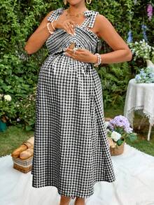 Lyckli Maternity Plaid Pattern Ruffle Pleated Bow Shoulder Strap Tank Dress Oktoberfest Breastfeeding Going Home Postpartum Summer Baby Shower Black - Black and White - View 2