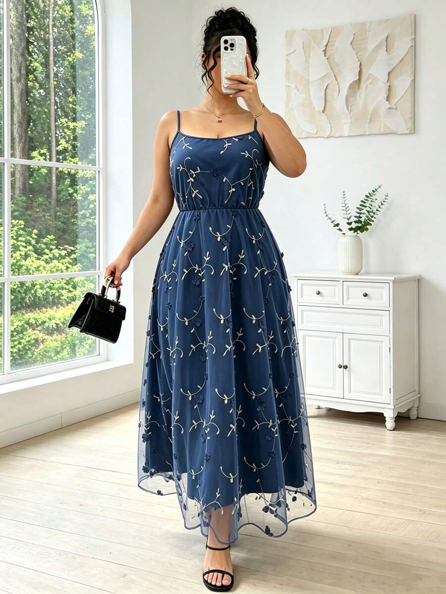 Celure Women's Plus Size Elegant Brown Embroidered Mesh Dress,Sleeveless Patchwork Long For Summer,Tea Party Gym,Banquets, Daily Wear - Navy Blue - View 1