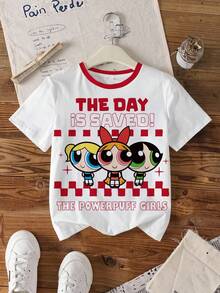 THE POWERPUFF GIRLS X SHEIN Tween Girl Cartoon Pattern & Letter Print Contrast Color Round Neck T-Shirt - White - View 8
