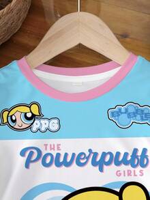 THE POWERPUFF GIRLS X SHEIN 女童字母卡通印花圆领短袖休闲T恤 - 白色 - 查看 3