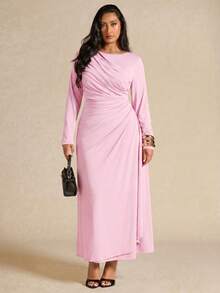SHEIN BAE 大尺碼女款秋冬黃色優雅長袖百褶洋裝 - 淺粉色 - 查看 3