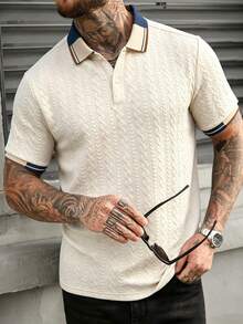 EGENSIO Men's Knitted Jacquard Collar & Cuff Ribbed 2-Button Polo Shirt, Formal, Ceremony - Apricot - View 5