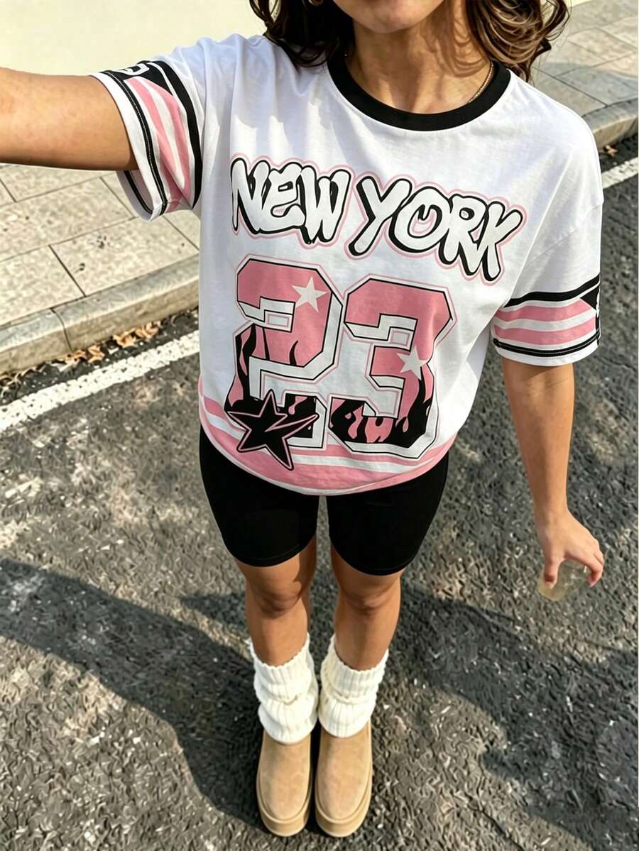 2件組青少年女孩休閒街頭風字母印花短袖上衣 & 單車短褲套裝,粉色與黑色拼接,活力風格,適合跑步、跳躍、日常出遊與運動 - 彩色 - 查看 1