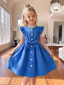 SHEIN Elladie kids 藏蓝色短袖收腰连衣裙，优雅高贵的风格，适合女士和女孩，时尚夏季装扮 - 藍色 - 查看 9