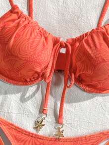 Swim Mod Springbreak 2件組純色細肩帶鋼圈前綁式上衣與側結比基尼泳褲夏季女款可愛海灘泳裝套裝 - 西瓜粉 - 查看 4