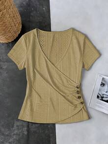 EMERY ROSE Women's Solid Color V-Neck Short Sleeve Pleated Button Design Casual T-Shirt - Rust Brown - View 5