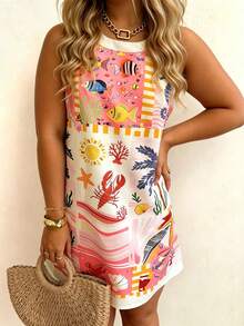 Vaclyn Robe sans manches à col rond pour femmes avec imprimé de poissons multicolores et de cocotiers, convient pour les voyages à la plage au printemps/été, article indispensable - Rose vif - Voir 8