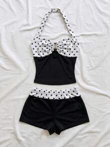 Soleia Women's Polka Dot Print Halter Neck Tank Top And Shorts 2 Pieces Set - White - View 6