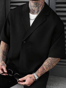 SLATEMANN 男士純色極簡休閒短袖短版襯衫，街頭風雙排扣襯衫，正式場合適用 - 黑色 - 查看 5