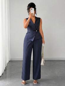 SHEIN Clasi Plus Size Women's Summer Fashion Elegant Commute Striped Sleeveless Top Wide Leg Pants 2pcs Set Formal Office Navy Blue - Navy Blue - View 9