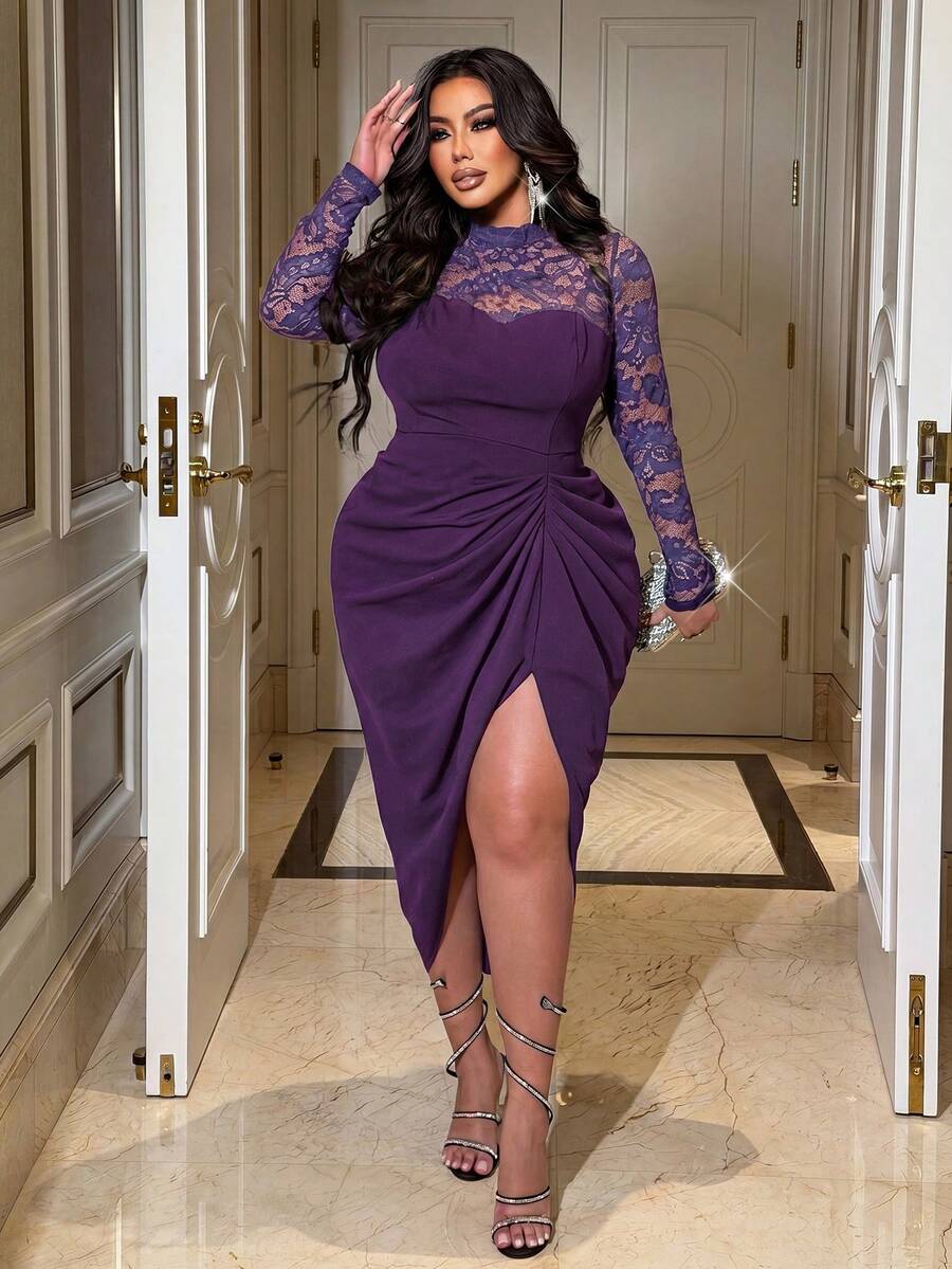 NU&NOW Plus Size Women Spring Autumn Winter Sexy Party Gathering Banquet Lace Patchwork High Neck Long Sleeve Bandeau Elastic Slim Fit Bodycon Ruched Slit Dress - Purple - View 1