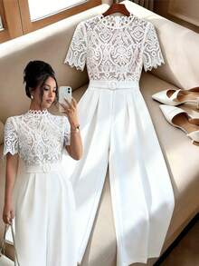 Elenzga 2026 Spring/Summer Elegant Outing & Date Multi-Occasion Small Stand Collar Lace Embroidered Patchwork Jumpsuit - White - View 1