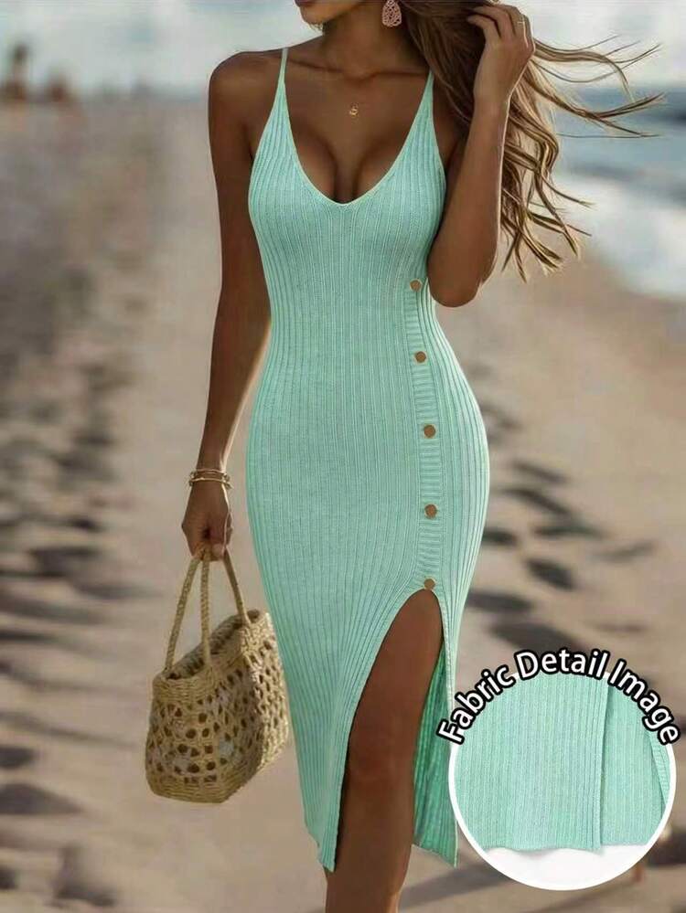 SHEIN Holidaya New Elegant Dress Women Beach Dresses Elegant Party Dress Elegant Dress Women's Mint Green Ribbed Knit Bodycon Midi Dress – Deep V-Neck Spaghetti Strap, Gold Button Placket, High Side Slit, Slim Fitted Silhouette, Elegant Feminine Charm & Modern Chic Style - Green - View 1