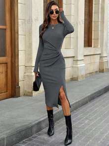 INAWLY Casual Solid Color Fitted Long Sleeve Split Midi Dress For Women - Grey - View 3