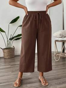 SHEIN PETITE CURVE CURVE 大尺碼女款棕色寬腿褲，高腰綁帶腰身休閒寬鬆長褲，適合秋季，休閒正式度假風 - 棕色 - 查看 6