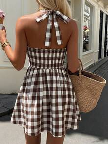 SuriyaCove Women's Plaid Deep V-Neck Waist-Cinching Halter Neck Vacation Dress - Coffee Brown - View 3
