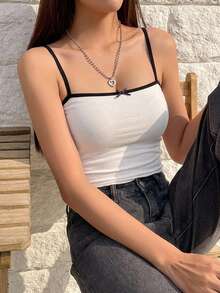 DAZY 女款蝴蝶結裝飾修身百搭細肩帶背心上衣 - 白色 - 查看 3