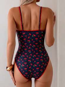 Swim Vcay 女款一件式櫻桃印花網格拼接泳衣，夏季度假海灘穿搭 - 彩色 - 查看 2