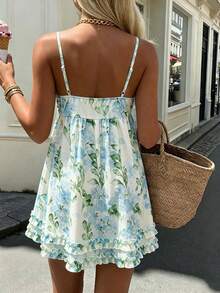 Cévolie Vestido mini tipo camisola para mujer, vintage, amarillo ganso, sin mangas, con ribete de volantes, estilo elegante francés de vacaciones en la playa, sexy para fiesta, festival de música, cita, casual romántico de primavera/verano - Azul y blanco - Ver 2