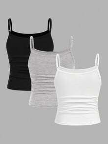 SHEIN Girlism Conjunto de 3 piezas de top camisola plisado de color liso casual para niña preadolescente, algodón, para la escuela, negro, gris, blanco, verano - Multicolor - Ver 2