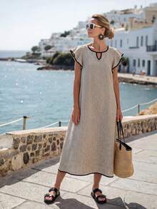Faunlyn Women's Piped Keyhole Neckline Ruffle Sleeve Midi Dress Vacation Summer Casual French Everyday Going Out Holiday Outfits Black And Silver - Khaki - View 5