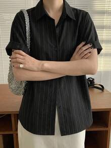 DAZY Women's Striped Short Sleeve Shirt, Fashionable For Summer Cute Tops - Black - View 8