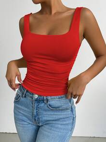 Allurite Summer Casual Solid Color Square Neck Ruched Camisole For New Year Clothes - Red - View 7