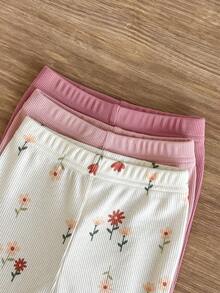 SHEIN Vintaside Kids 3件組女嬰夏季純色打底褲，簡約甜美風無複雜圖案，直筒寬鬆版型，適合日常外出、玩耍，俏皮可愛，休閒自在，彈性舒適，適合戶外運動及派對聚會 - 彩色 - 查看 5