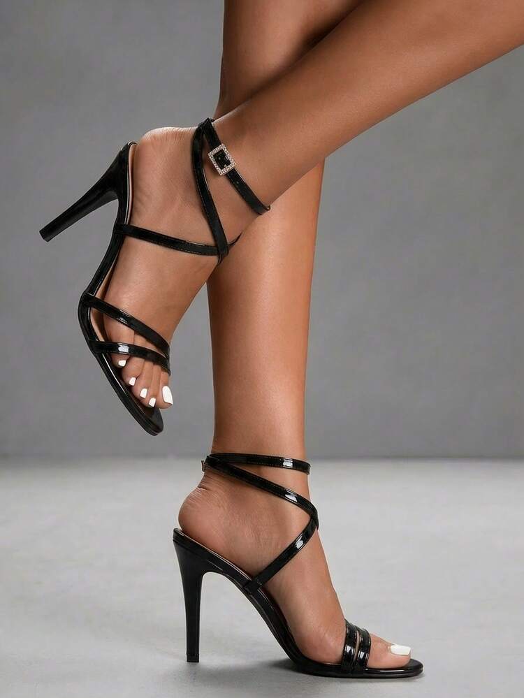 CUCCOO SZL Women Shoes Round Toe Stiletto Black Stripe With Ankle Strap Women's High Heel Sandals Fashion Elegance Sexy Party Banquet Dating Women Sandals