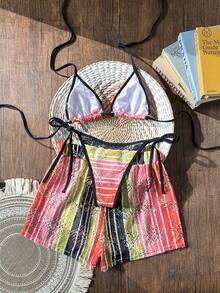 Swim Vcay Conjunto de 3 piezas de cubrebikini de tela de ganchillo estilo bohemio con cordón ajustable - Multicolor - Ver 2