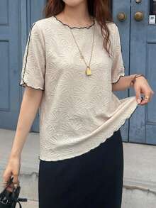 FRIFUL 女款紋理圓領短袖休閒T恤 夏季 - 杏色 - 查看 6