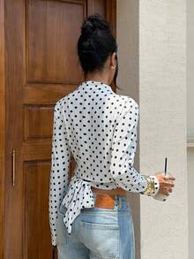 Siren Gaze Damen Sommer Neu Polka Dot Ausgeschnitten Schnürung Langarm T-Shirt - Weiss - Übersicht 4