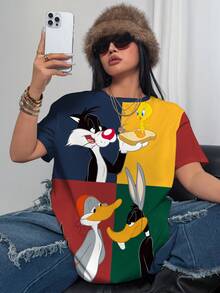 LOONEY TUNES X SHEIN Plus Size Women's All-Over Anime Print Round Neck Drop Shoulder Loose Casual Versatile T-Shirt - White - View 3