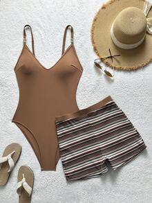 Soleia Plus Size Women's Solid Color One-Piece Camisole Swimwear With Striped Shorts Set Bathing Suit For Women - Brown - View 2