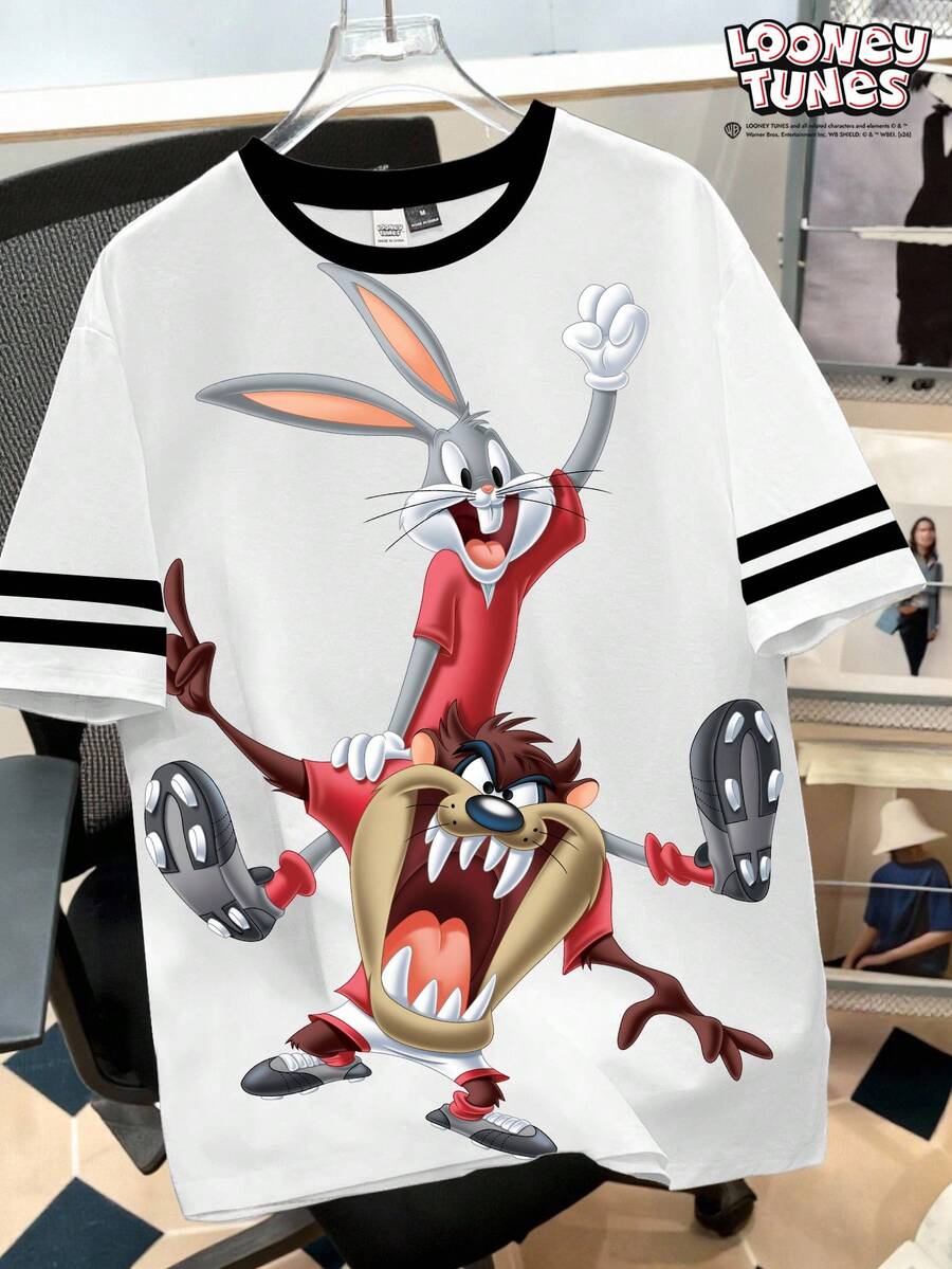 LOONEY TUNES X SHEIN Manfinity Joysei Plus Size Men's Cartoon Print Round Neck Short Sleeve Casual T-Shirt - White - View 1