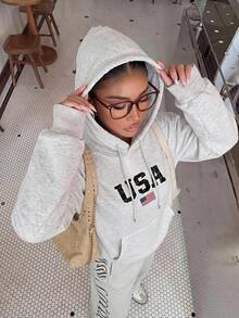 Muchica 女士休闲美国国旗印花宽松卫衣，适合独立日穿着；女士休闲宽松落肩圆领卫衣，浅灰色，适合春秋季穿着；女士宽松长袖卫衣，适合秋冬季返校穿着。 - 淺灰色 - 查看 6