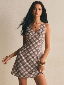 Poéselle 女款格紋V領休閒無袖迷你洋裝 - 棕色 - 查看 2