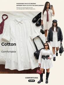 Comfortcana Plus Size Women's White Casual Elegant Single-Breasted Dress Teachers' Day Office Summer - White - View 9