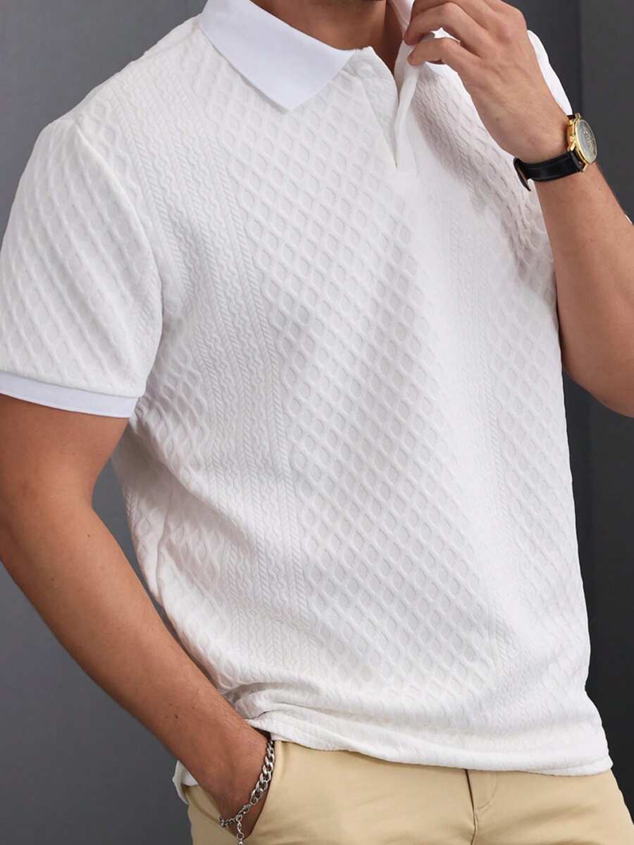 Manfinity Homme 男士白色夏季休閒度假 Polo 衫,幾何紋理提花針織短袖 Polo 衫,鈕扣門襟法式風格,送男友的高級禮物,正式場合適用 - 白色 - 查看 1